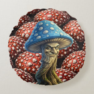 Blauer Zauberer, Pilz wunderliche Wald Fantasie Rundes Kissen