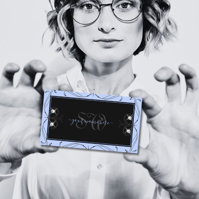 Blauer Zierblauer Karo Monogram Visitenkarte (Von Creator hochgeladen)