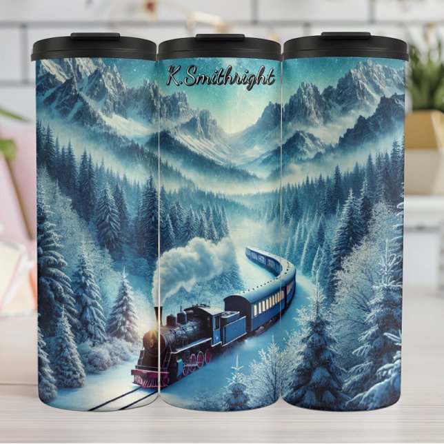 Blauer Zug Nebelberg-Wildnis Thermosbecher (Von Creator hochgeladen)