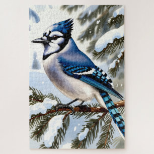 Blauerhäher in schneebedeckten Kiefern Aquarell Wi Puzzle