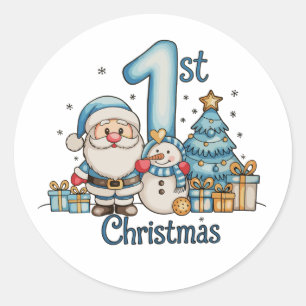Blaues 1. Weihnachten Santa Schneemann Xmas Baby J Runder Aufkleber