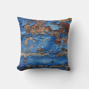 Blaues Abblättern von Farbe von rustikalem Holz Kissen