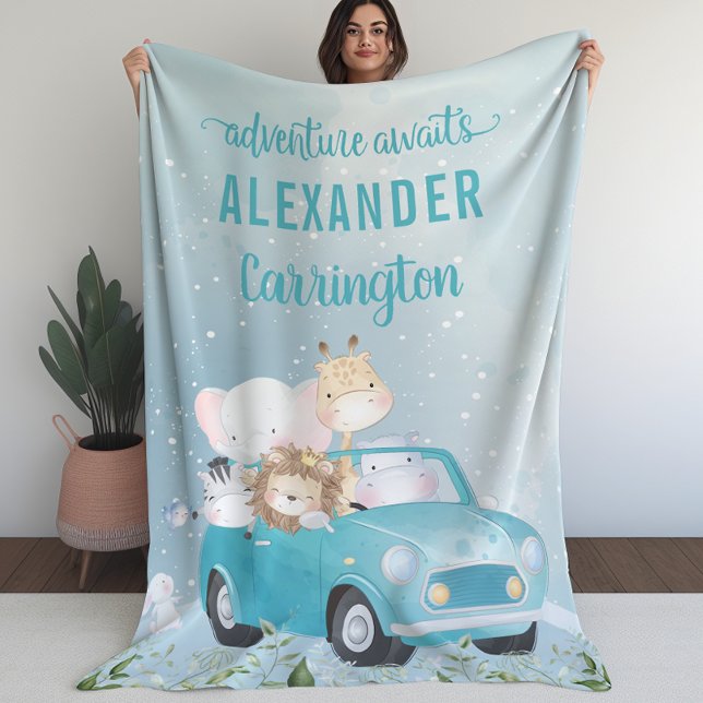 Blaues Abenteuer erwartet Watercolor Safari Tiere Fleecedecke (Blue Adventure Awaits Watercolor Safari Animals Fleece Blanket)