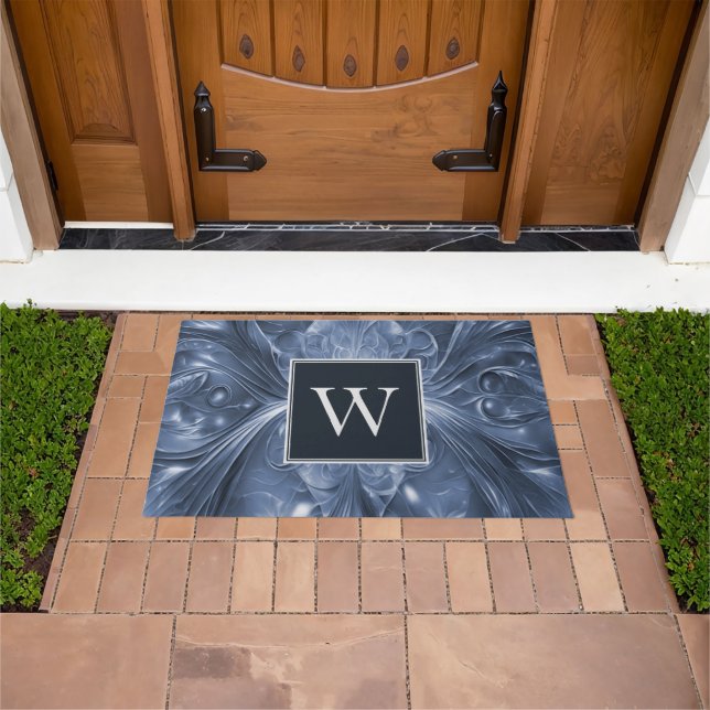 Blaues Abstraktes Geblüht Monogramm Doormat Fußmatte (Außenbereich)