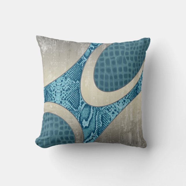Blaues abstraktes Snakeskin Croc Kissen (Vorderseite)
