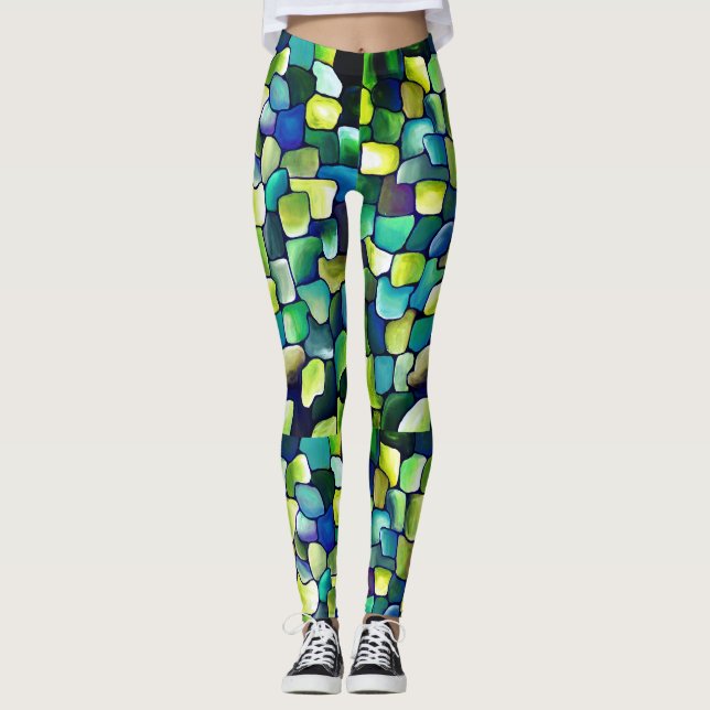 Blaues Abstraktes Wasserfarbenmuster Leggings (Vorderseite)
