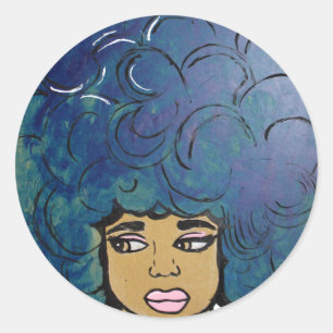Blaues Afro-Ebenholz-Mädchen-großes Haar Runder Aufkleber