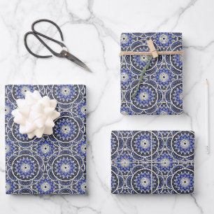 Blaues, altes islamisches Mandala-Muster Geschenkpapier Set