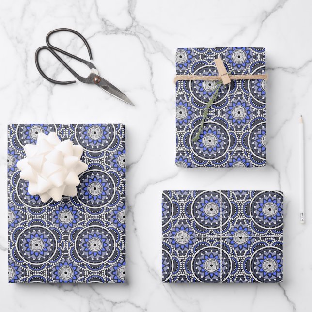 Blaues, altes islamisches Mandala-Muster Geschenkpapier Set (Vorderseite)