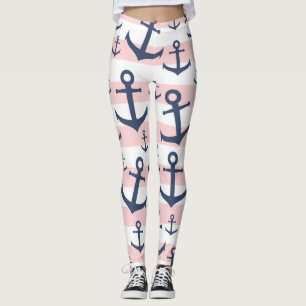Blaues Ankermuster mit rosa Streifen Leggings