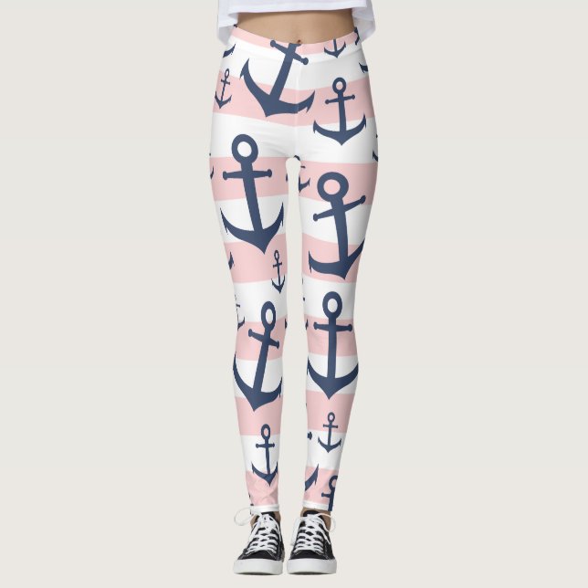 Blaues Ankermuster mit rosa Streifen Leggings (Vorderseite)