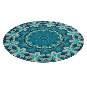 Blaues Aqua-Mandala-Rosette Retro-Hippie Schneidebrett