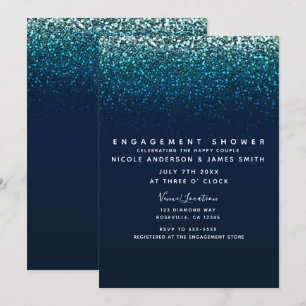 Blaues Aqua-Marine Glitter Funkeln Moderne Verlobu Einladung