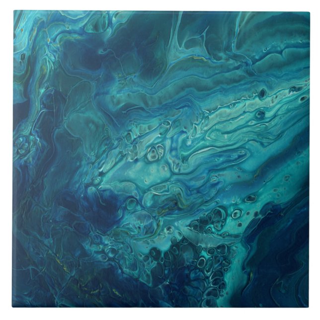 Blaues Aquamarines Acrylgießen Abstrakter Fluid Ar Fliese (Vorderseite)