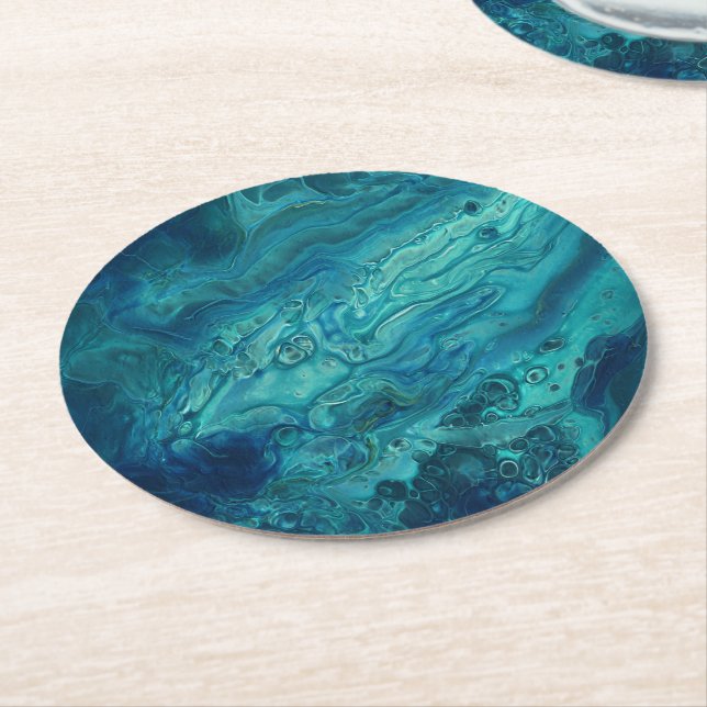 Blaues Aquamarines Acrylgießen Abstrakter Fluid Ar Runder Pappuntersetzer (Angewinkelt)