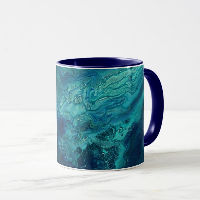 Blaues Aquamarines Acrylgießen Abstrakter Fluid Ar Tasse (VorderseiteRechts)