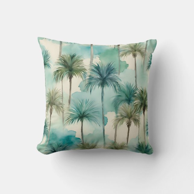 Blaues Aquamarines Beige Palmen tropisch hawaiisch Kissen (Vorderseite)