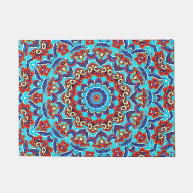 Blaues Aquamarines Leaf Floral Mandala Boho Fußmatte (Vorderseite)