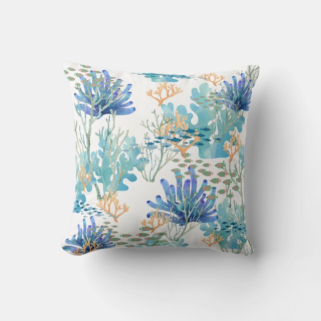 Blaues Aquamarines Orangenkorallenriff Fischküste Kissen (Vorderseite)