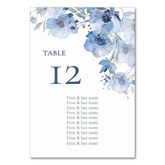 Blaues Aquarell-Blumen-Sitzplan Tischnummer (Vorderseite)