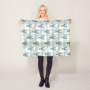 Blaues Aquarell-Hummer-Muster auf Küstenstreifen Fleecedecke