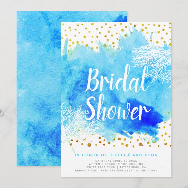 Blaues Aquarell, Korallenriff Hochzeitsfest Brautp Einladung (Vorne/Hinten)