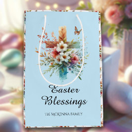 Blaues Aquarell Kreuz Blume Christlich Ostern Mittlere Geschenktüte