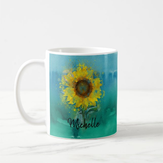 Blaues Aquarell mit Sonnenblume Kaffeetasse (Links)