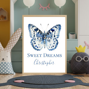 Blaues Aquarell-Schmetterlings-Kinderzimmer-Wandku Poster