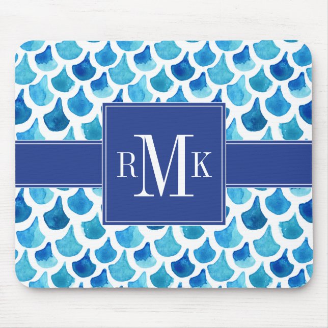 Blaues Aquarell-Skala-Muster Mousepad (Vorne)