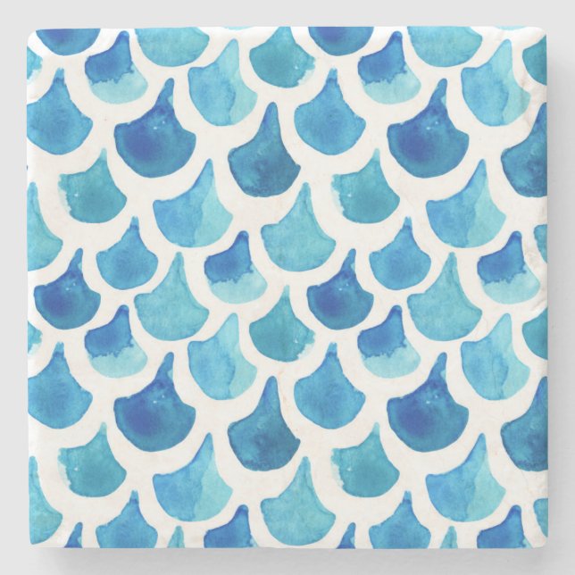 Blaues Aquarell-Skala-Muster Steinuntersetzer (Vorderseite)