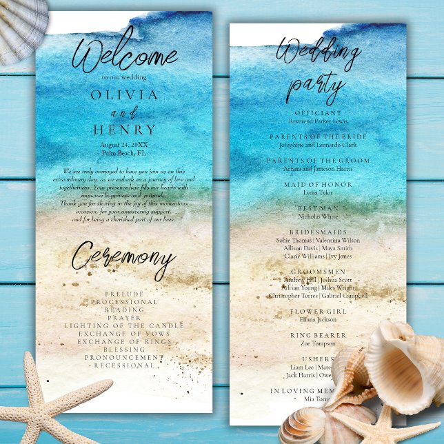 Blaues Aquarell-Strand-Hochzeitsprogramm  (Von Creator hochgeladen)