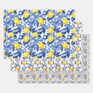 Blaues Aquarell-Zitronenmuster Geschenkpapier Set