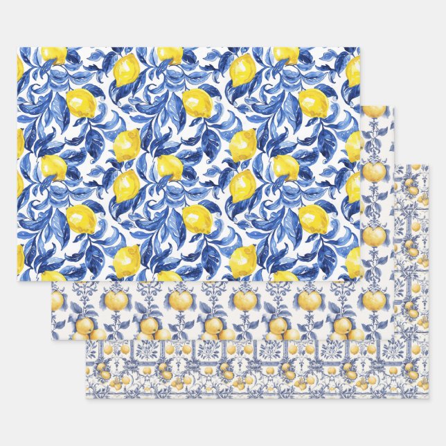 Blaues Aquarell-Zitronenmuster  Geschenkpapier Set (Set)