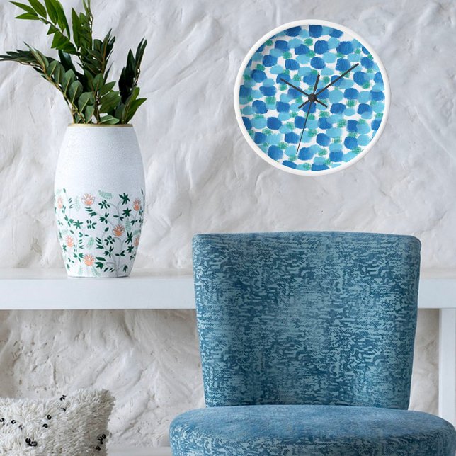 Blaues Aquarellbild an der Küste Weißer Rahmen Uhr (Von Creator hochgeladen)