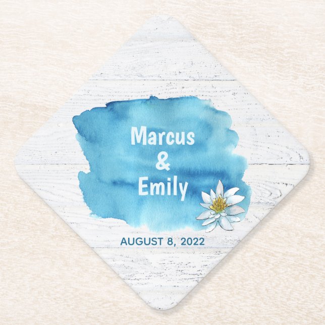 Blaues Aquarellblau auf Holz mit Wasserlilie Untersetzer (Vorderseite)