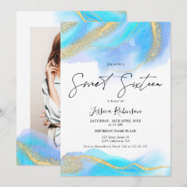 Blaues Aquarellgold Glitzer Foto Sweet 16 Einladung