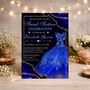 Blaues Aquarellkleid & Glitzernder Achat Sweet 16 Einladung