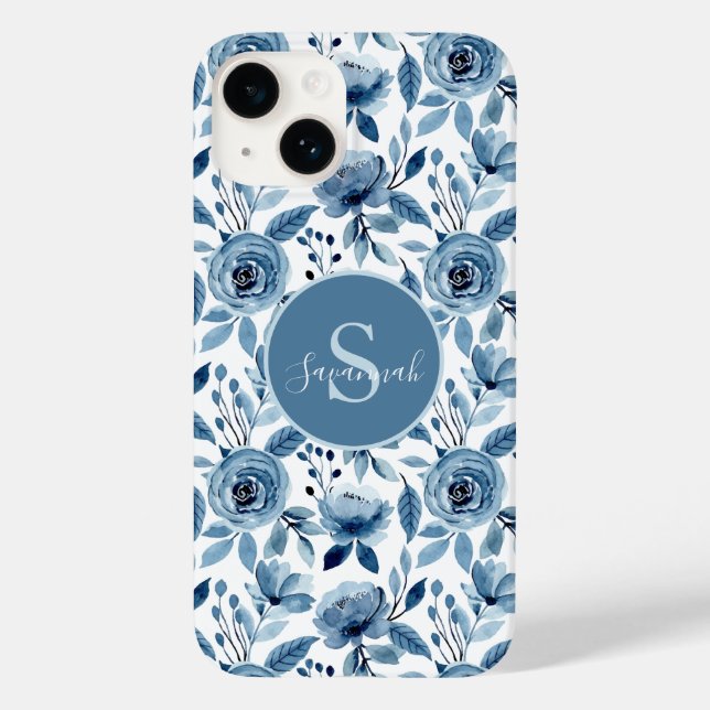 Blaues Aquarellmuster mit Monogramm-Blume Case-Mate iPhone Hülle (Rückseite)