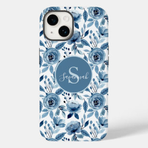 Blaues Aquarellmuster mit Monogramm-Blume Case-Mate iPhone 14 Hülle