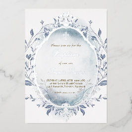 Blaues Aquarellsilber Rahmen Winter Taufe Folieneinladung