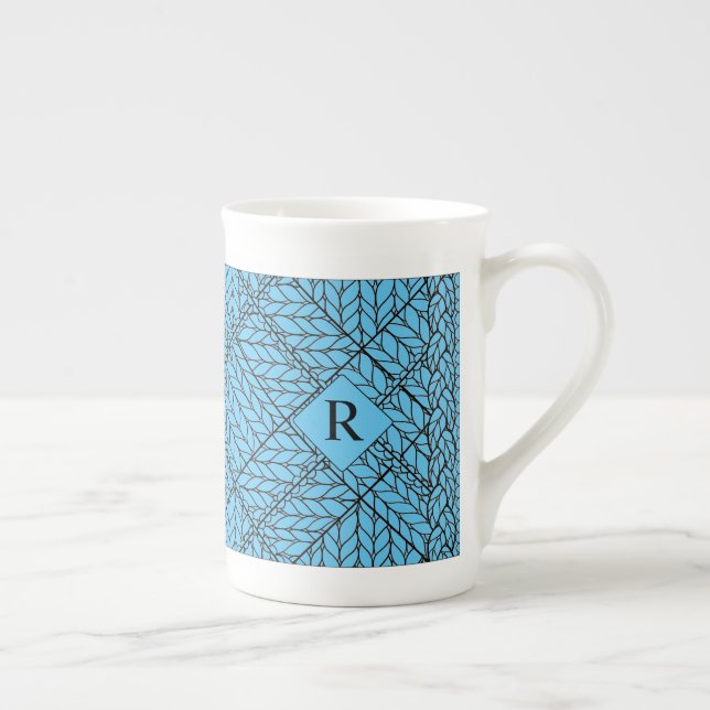 BLAUES ARGYLE-STRICKMUSTER Bone China Tasse + Text (Rechts)