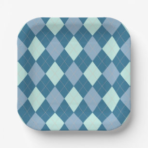 Blaues Argyle Vintage-Muster Pappteller