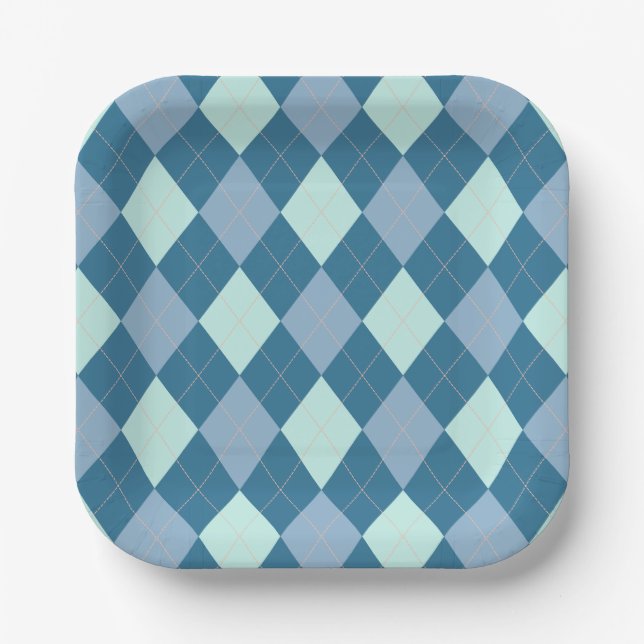 Blaues Argyle Vintage-Muster Pappteller (Vorderseite)