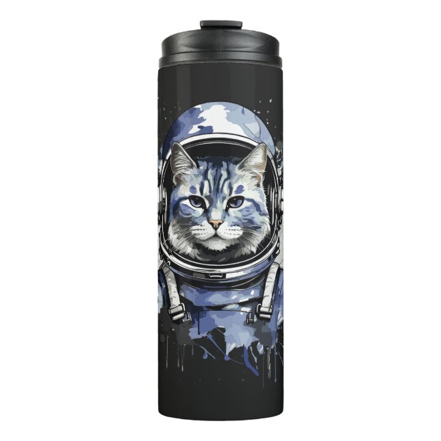Blaues Astronautenkatze-Plashdesign Thermosbecher (Vorderseite)