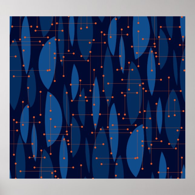 Blaues Atomic-nahtloses Muster Mitte des Jahrhunde Poster (Vorne)