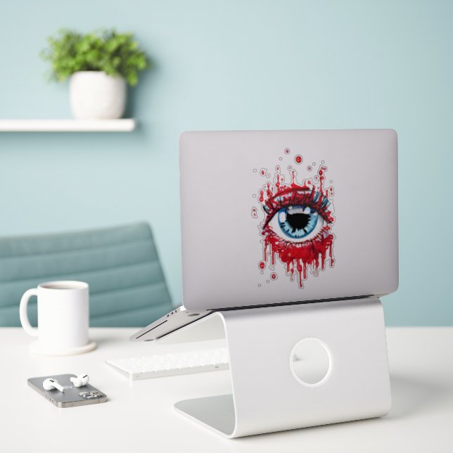Blaues Auge Tropfblut Horror Kunst Aufkleber (Laptop auf Schreibtisch)