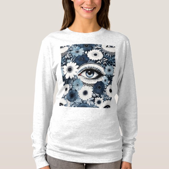 Blaues Auge und Lashes Boho Floral T-Shirt (Vorderseite)