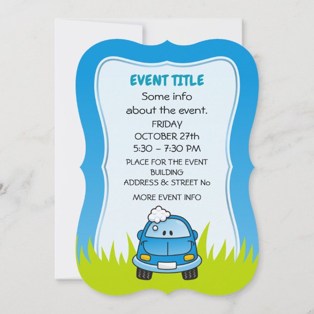 Blaues Auto mit Blasen Einladung (Rückseite)