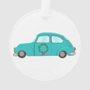 blaues Auto mit Weihnachtskranz Ornament